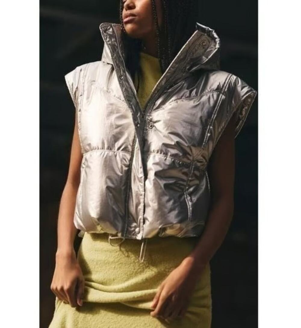 Daily Practice by Anthropologie Silver Metallic Puffer Vest Size Small